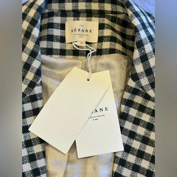 NWT Sézane Chelsea Blazer Dark Green (almost black) & Ecru Gingham Linen SZ 4 - Picture 8 of 11